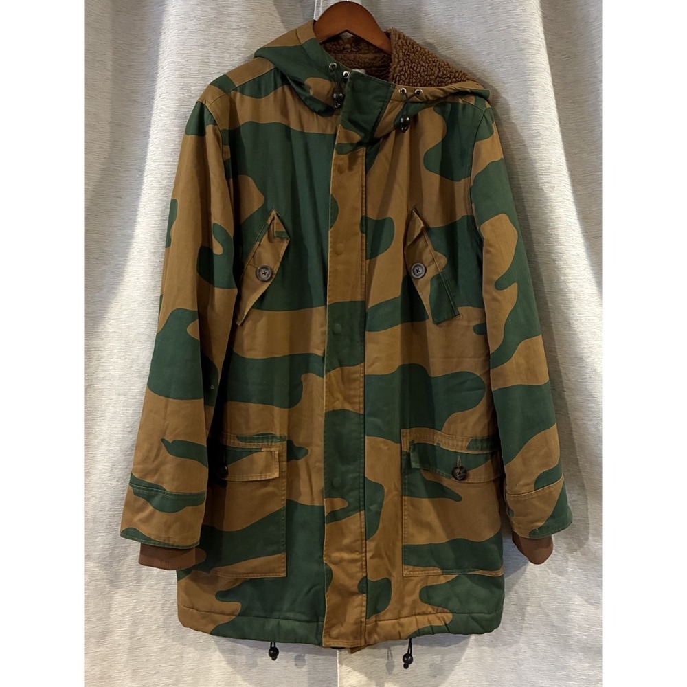 WeSC Mens Size Large Long Sleeve Camo Fleece Lined Coat Green/Brown Gorpcore